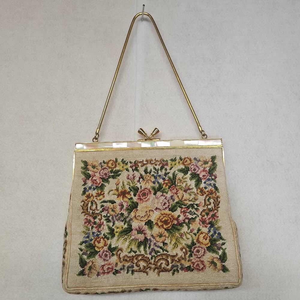 Vintage 1950s Floral Tapestry Mother of Pearl Kiss Lock Closure Mini Handbag